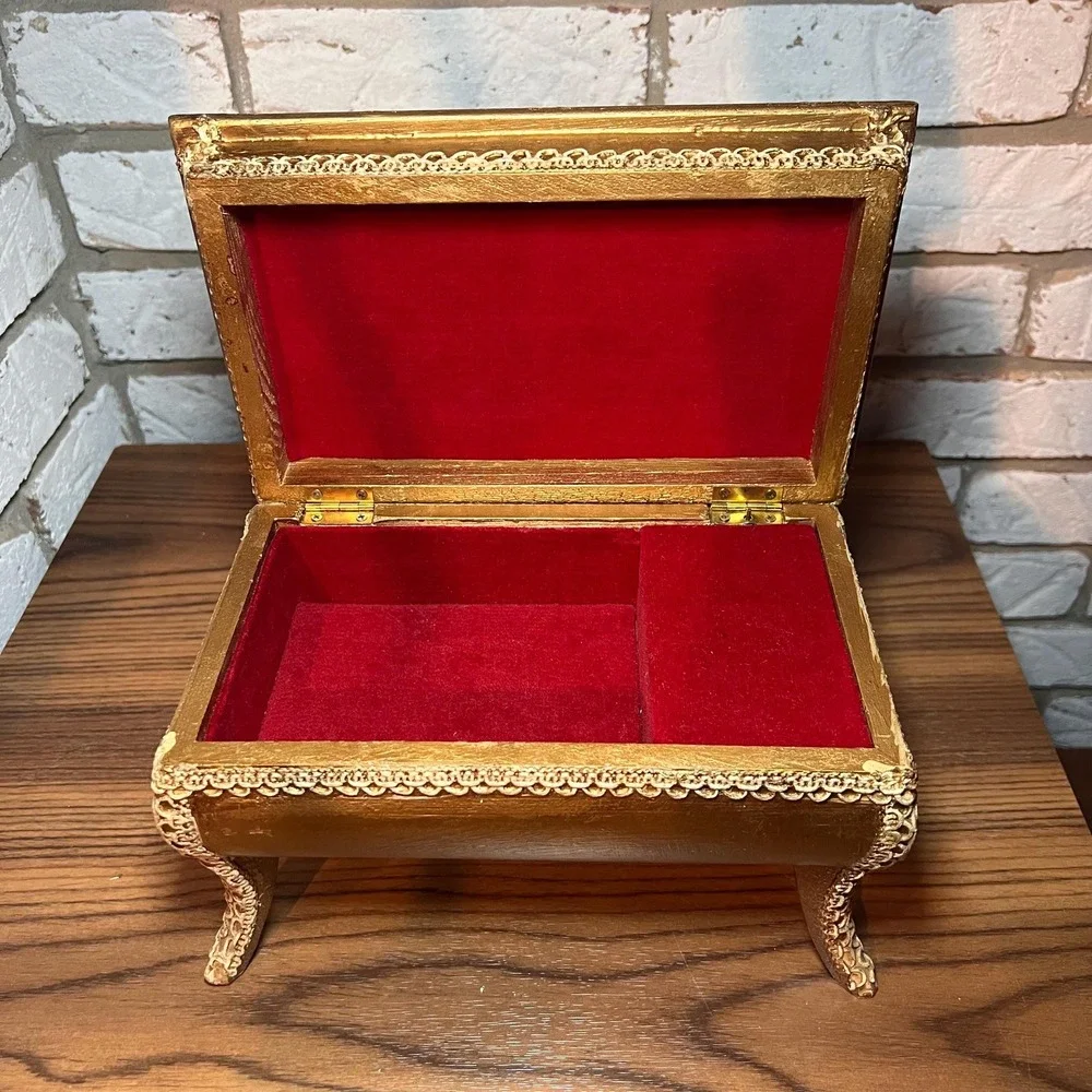 VTG Japan Musical Jewelry Box Greensleeves Ballet Ballerina Red Velvet Footed *